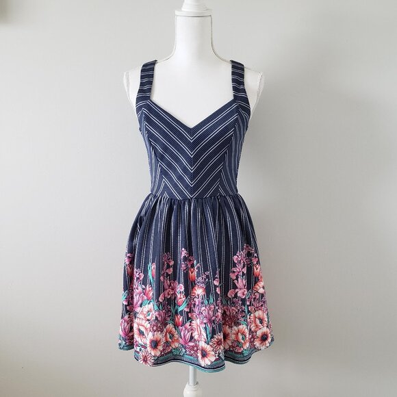 Trixxi Mixed print Fit &Flare Sun Dress Blue Size 7 - Picture 1 of 13
